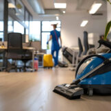 Office cleaning, mop for cleaning and clean floor. concept template for advertising cleaning, office cleaning, sanitary conditions with space for text