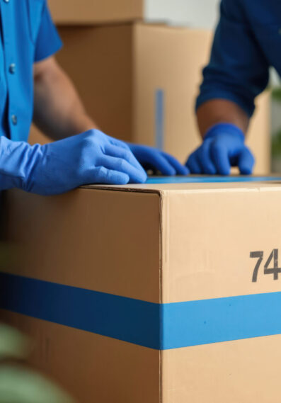 Two professional movers in blue uniform work together carefully. Pack brown cardboard box with blue tape. Men wear protective gloves organize household items for client relocation. Team prepares