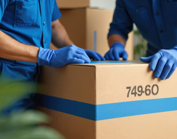 Two professional movers in blue uniform work together carefully. Pack brown cardboard box with blue tape. Men wear protective gloves organize household items for client relocation. Team prepares