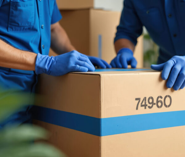 Two professional movers in blue uniform work together carefully. Pack brown cardboard box with blue tape. Men wear protective gloves organize household items for client relocation. Team prepares