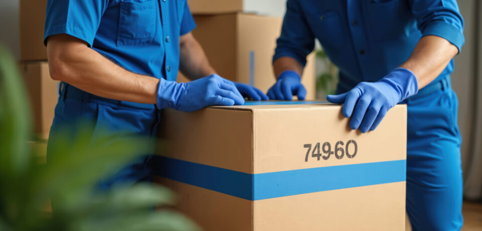 Two professional movers in blue uniform work together carefully. Pack brown cardboard box with blue tape. Men wear protective gloves organize household items for client relocation. Team prepares